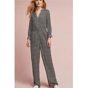 Ett:Twa by Anthropologie Size 6 Black Blue Boho Floral Christine Silken Jumpsuit